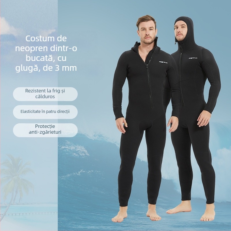 Costum de neopren întreg cu glugă de 3 mm, fermoar frontal înclinant, negru, pentru înot, scufundări libere și surfing
