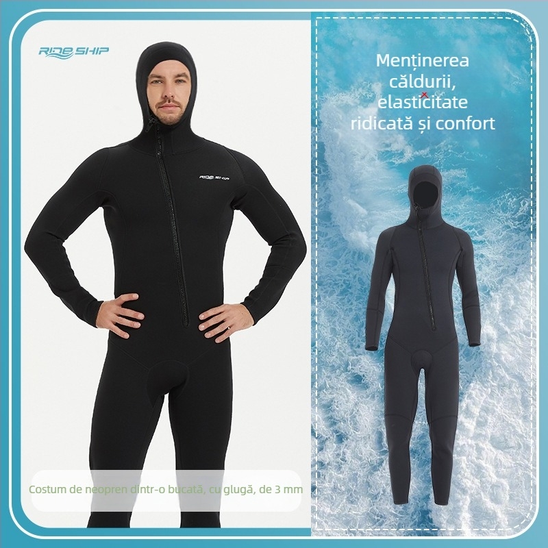 Costum de neopren întreg cu glugă de 3 mm, fermoar frontal înclinant, negru, pentru înot, scufundări libere și surfing