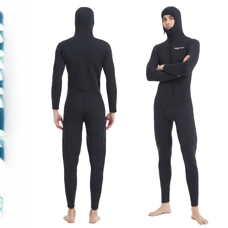 Costum de neopren întreg cu glugă de 3 mm, fermoar frontal înclinant, negru, pentru înot, scufundări libere și surfing