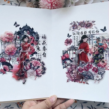 Bandă PET pentru jurnal cu figuri feminine în stil chinezesc, decor pentru diorame, hârtie washi și elemente din cânepă, autocolante DIY lucioase cu scoici