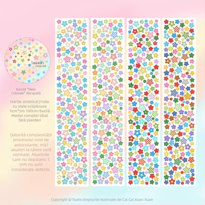 Bandă decorativă cu stele colorate, decupată, și rolă de autocolante pentru jurnal