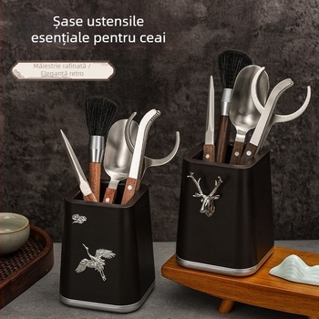 Set de ceai din oțel inoxidabil cu finisaj titan-auriu și accente din lemn de abanos; accesorii Kung Fu pentru ceai, instrument de întreținere a ceainicului, clește pentru ceai, clips anti-arzire