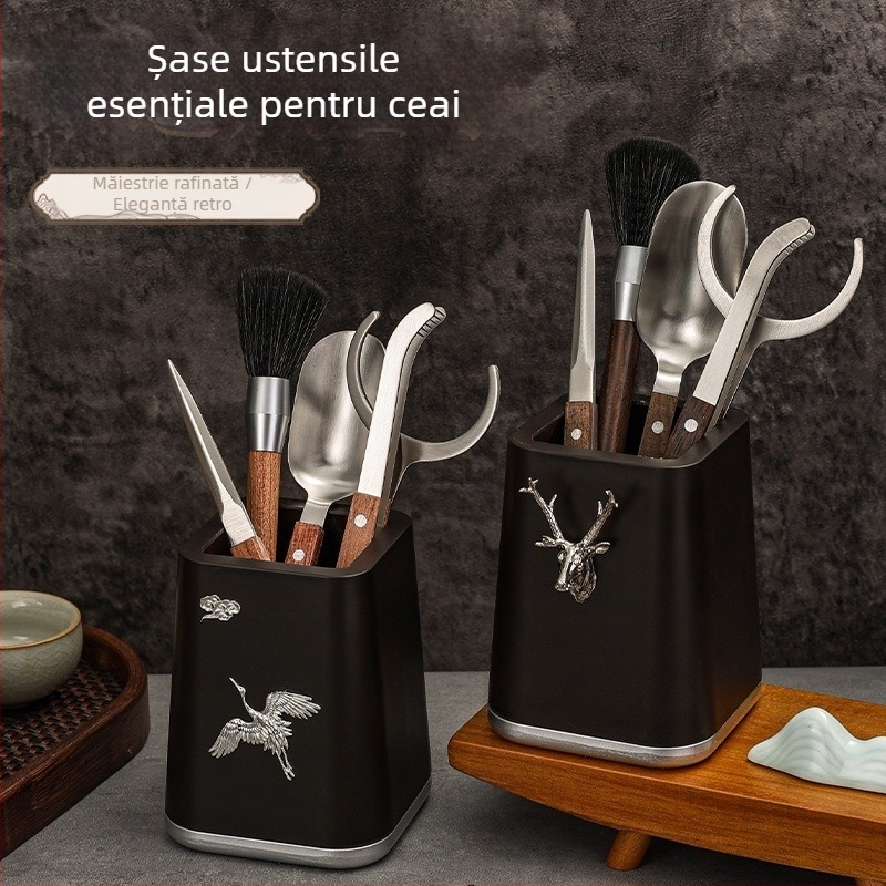 Set de ceai din oțel inoxidabil cu finisaj titan-auriu și accente din lemn de abanos; accesorii Kung Fu pentru ceai, instrument de întreținere a ceainicului, clește pentru ceai, clips anti-arzire