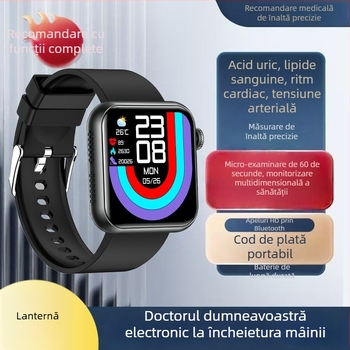 Ceas inteligent cu apeluri Bluetooth, asistent vocal, monitorizare ritm cardiac și temperatură corporală, mini evaluare a sănătății, măsurare a acidului uric și a lipidelor TK50