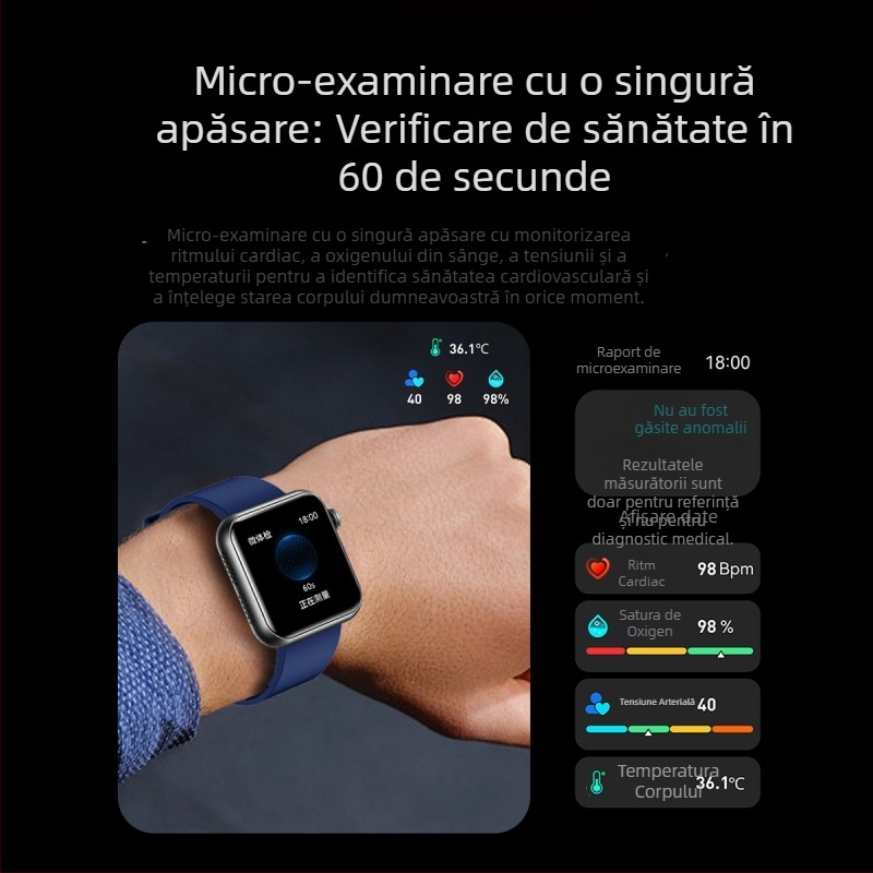 Ceas inteligent cu apeluri Bluetooth, asistent vocal, monitorizare ritm cardiac și temperatură corporală, mini evaluare a sănătății, măsurare a acidului uric și a lipidelor TK50