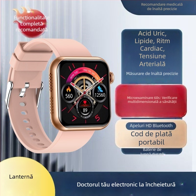 Ceas inteligent cu apeluri Bluetooth, asistent vocal, monitorizare ritm cardiac și temperatură corporală, mini evaluare a sănătății, măsurare a acidului uric și a lipidelor TK50