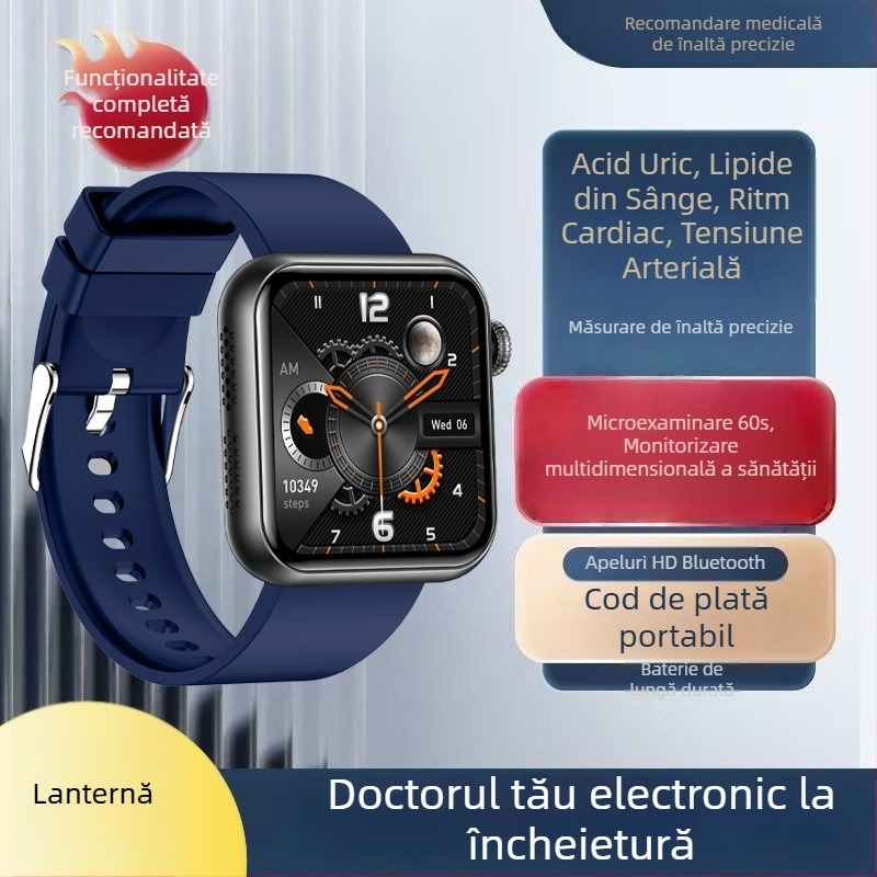 Ceas inteligent cu apeluri Bluetooth, asistent vocal, monitorizare ritm cardiac și temperatură corporală, mini evaluare a sănătății, măsurare a acidului uric și a lipidelor TK50