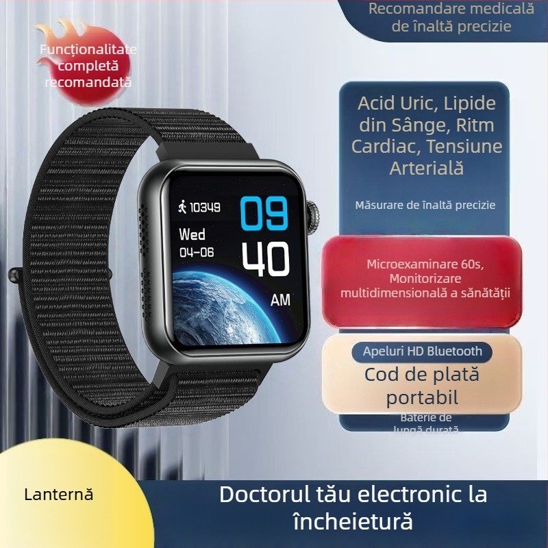 Ceas inteligent cu apeluri Bluetooth, asistent vocal, monitorizare ritm cardiac și temperatură corporală, mini evaluare a sănătății, măsurare a acidului uric și a lipidelor TK50
