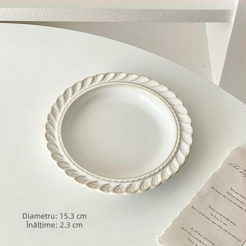 Farfurie ceramică franțuzească retro pentru uz casnic, cu design în relief; farfurie rotundă pentru deserturi și prăjituri, platou pentru gustări