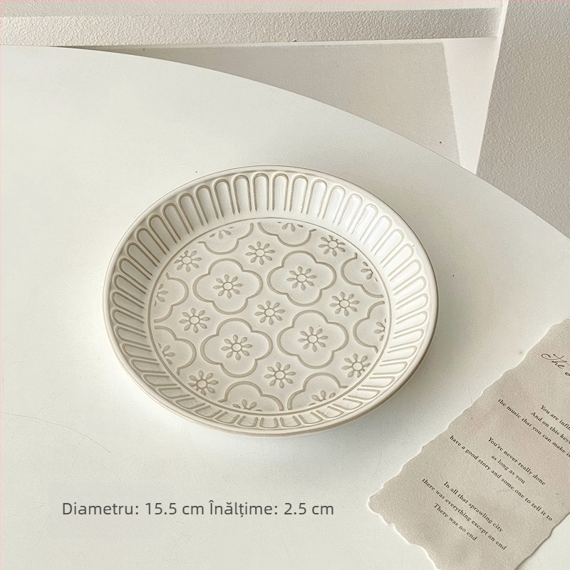 Farfurie ceramică franțuzească retro pentru uz casnic, cu design în relief; farfurie rotundă pentru deserturi și prăjituri, platou pentru gustări