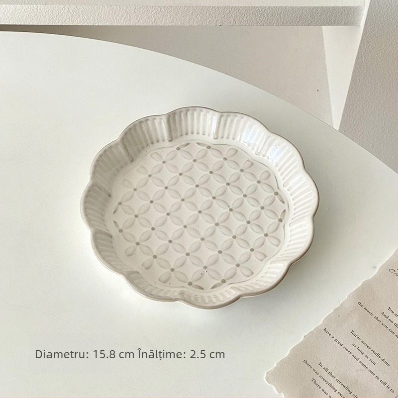 Farfurie ceramică franțuzească retro pentru uz casnic, cu design în relief; farfurie rotundă pentru deserturi și prăjituri, platou pentru gustări