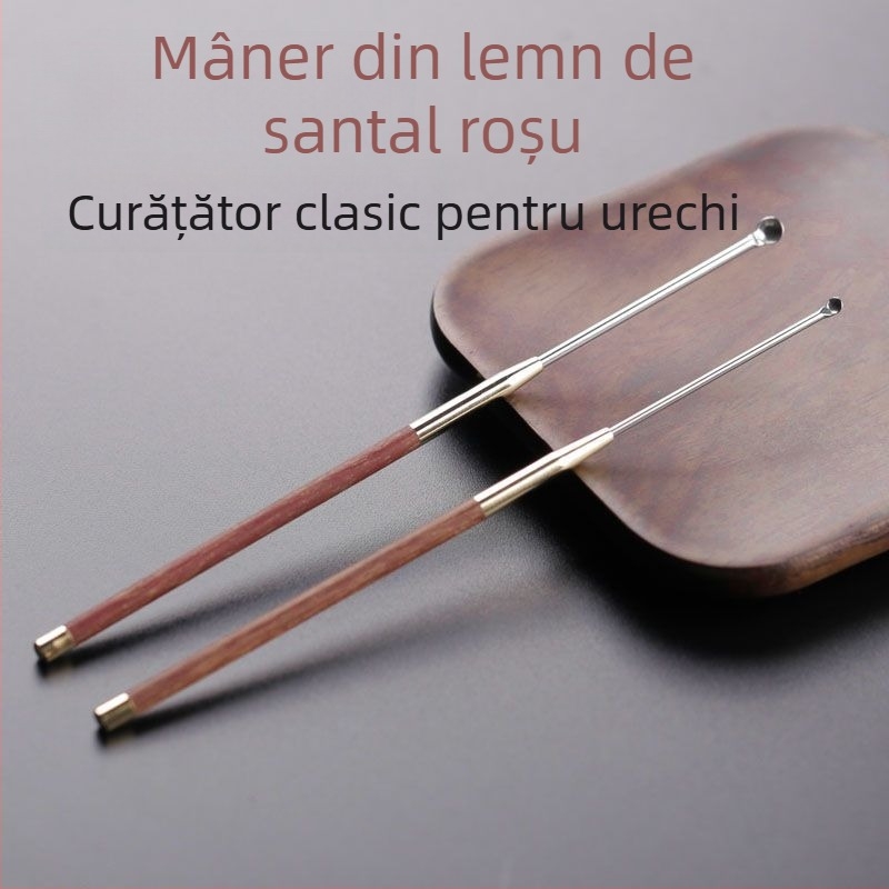 Lingură pentru urechi cu mâner din santal roșu și cap din oțel inoxidabil, cupă rotundă în stil retro