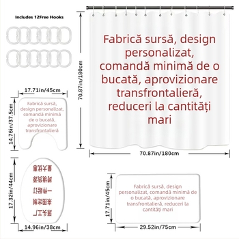 Perdea de duș impermeabilă, imprimată 3D, din poliester, fără găuri de montaj