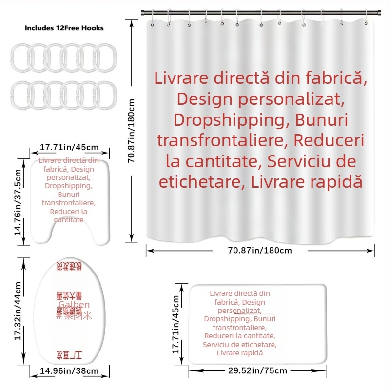 Perdea de duș impermeabilă, imprimată 3D, din poliester, fără găuri de montaj