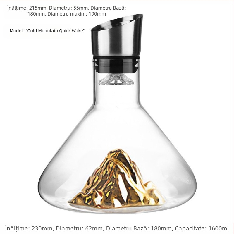 Decanter din cristal pentru vin roșu, gură din oțel, aerare rapidă, design cu vedere la munte