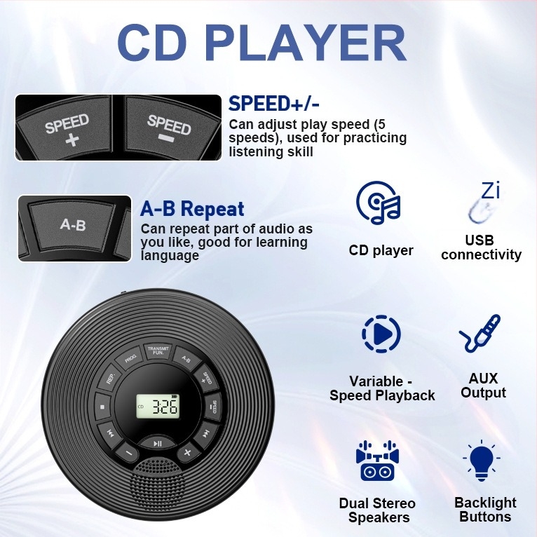 Walkman Bluetooth CD cu redare MP3, dispozitiv educațional portabil și mini repetor