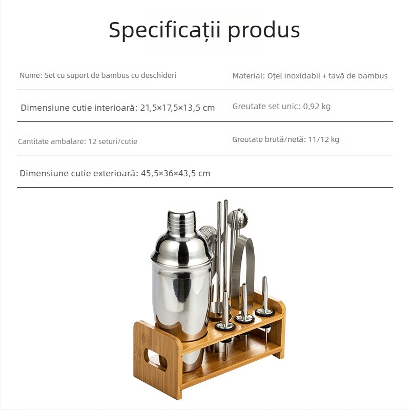 Set de 13 piese din oțel inoxidabil pentru cocktailuri, cu suport din lemn