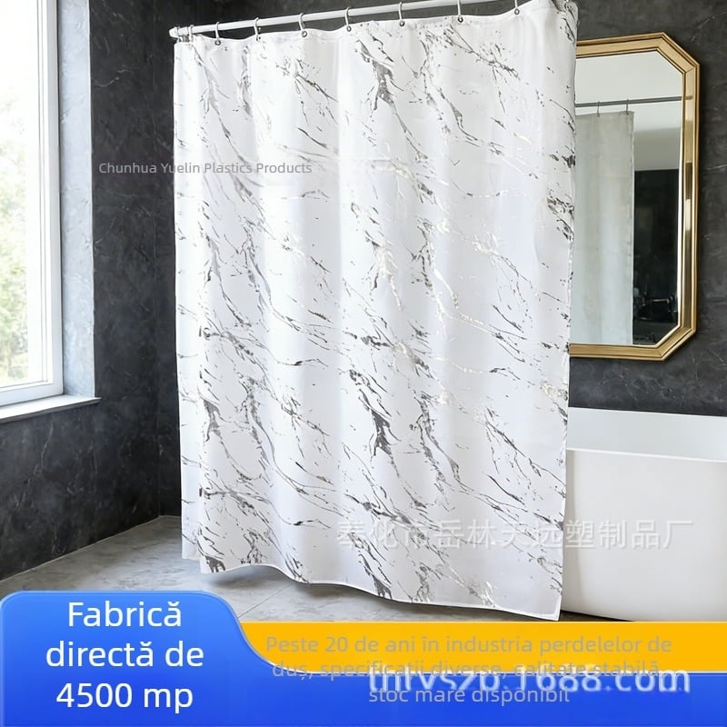 Draperie de duș din poliester cu model marmorat, impermeabilă și rezistentă la mucegai, cu accente aurii și argintii