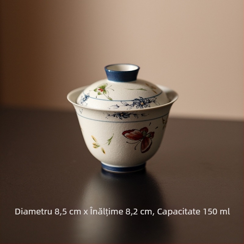 Set de ceai Kung Fu în stil antic, cu design roz de orhidee-fluture, include gaiwan, cești de ceai și ceainic ceramic — set complet pentru camera de ceai premium