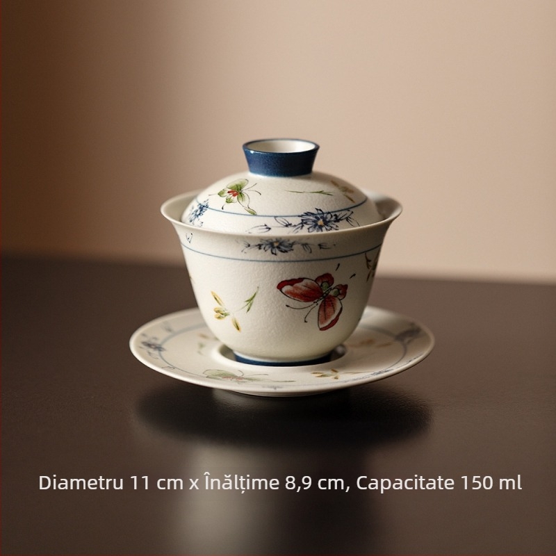 Set de ceai Kung Fu în stil antic, cu design roz de orhidee-fluture, include gaiwan, cești de ceai și ceainic ceramic — set complet pentru camera de ceai premium