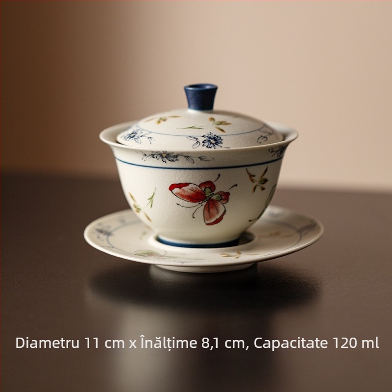 Set de ceai Kung Fu în stil antic, cu design roz de orhidee-fluture, include gaiwan, cești de ceai și ceainic ceramic — set complet pentru camera de ceai premium