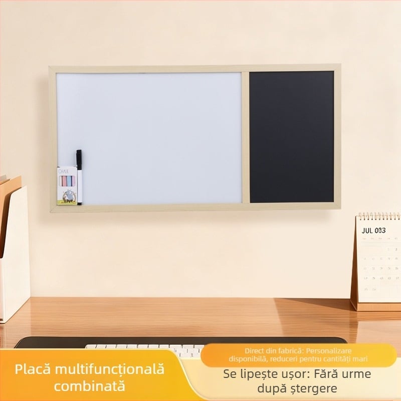 Tablă albă de birou, cu ramă din lemn de pin, suprafață magnetică pentru scriere, cu suport