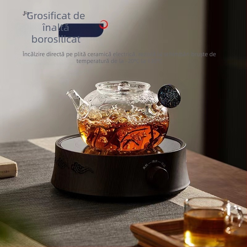 Ceainic din sticlă borosilicat cu mâner lateral, pentru uz casnic, infuzare ceai pe plită, design cer înstelat, sticlă îngroșată