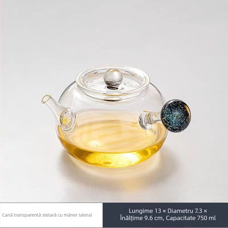 Ceainic din sticlă borosilicat cu mâner lateral, pentru uz casnic, infuzare ceai pe plită, design cer înstelat, sticlă îngroșată