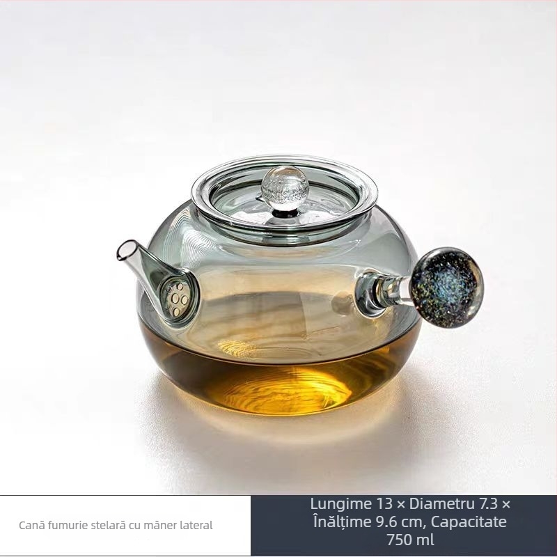 Ceainic din sticlă borosilicat cu mâner lateral, pentru uz casnic, infuzare ceai pe plită, design cer înstelat, sticlă îngroșată