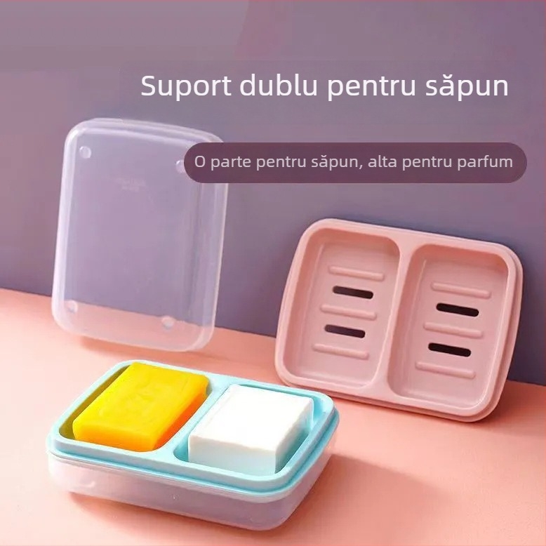 Recipient mare pentru săpun cu două compartimente, capac și drenaj, impermeabil pentru baie și cămin