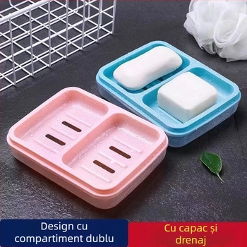 Săpunier cu capac și două compartimente, din plastic, pentru baie, potrivit pentru cămine studențești
