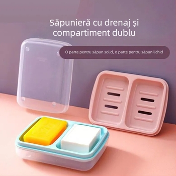 Săpunier cu capac și două compartimente, din plastic, pentru baie, potrivit pentru cămine studențești