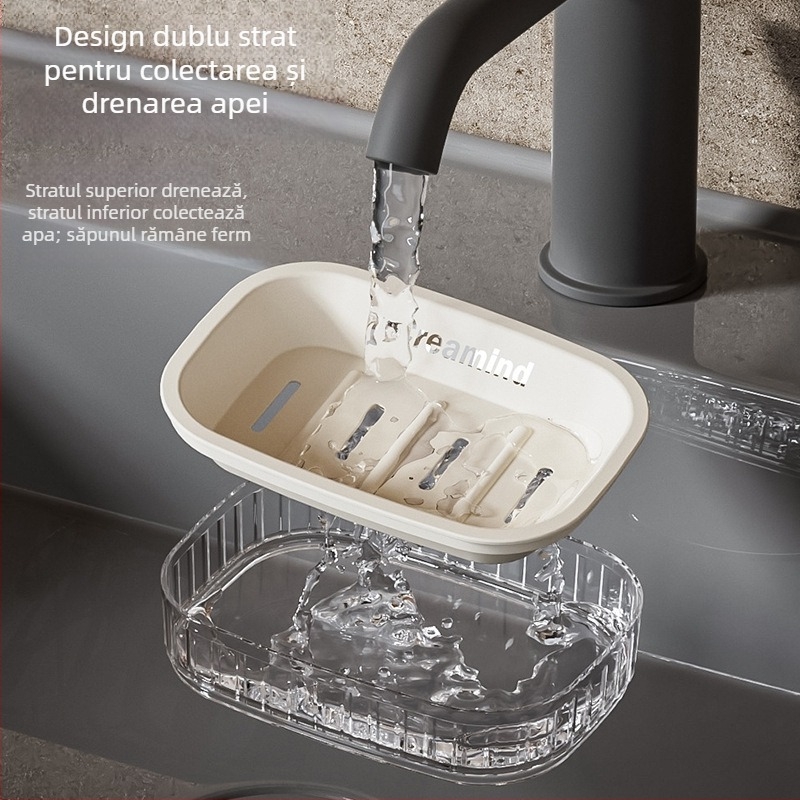 Săpunieră dublă pentru baie, cu drenaj, stil crem, fără găuri, fără acumulare de apă, din plastic
