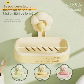 Suport de săpun cu ventuză, în formă de floare, montat pe perete, fără găuri, drenaj pentru baie