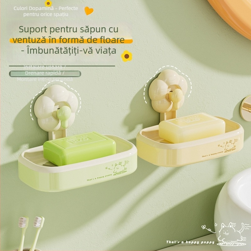 Suport de săpun cu ventuză, în formă de floare, montat pe perete, fără găuri, drenaj pentru baie