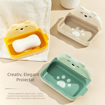 Cutie de săpun montată pe perete, cu două niveluri, drenaj, design desen animat, pentru baie în cămin