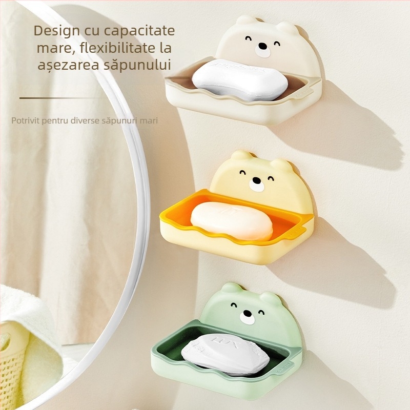 Cutie de săpun montată pe perete, cu două niveluri, drenaj, design desen animat, pentru baie în cămin
