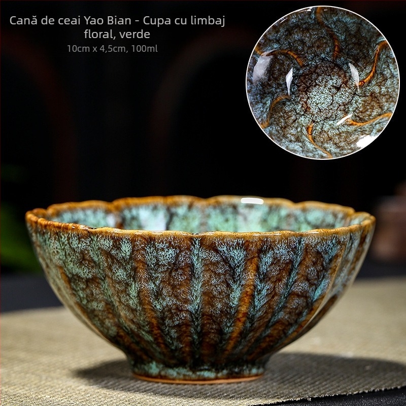 Ceașcă de ceai din ceramică, în stil chinezesc, cu glazură tradițională; porție unică
