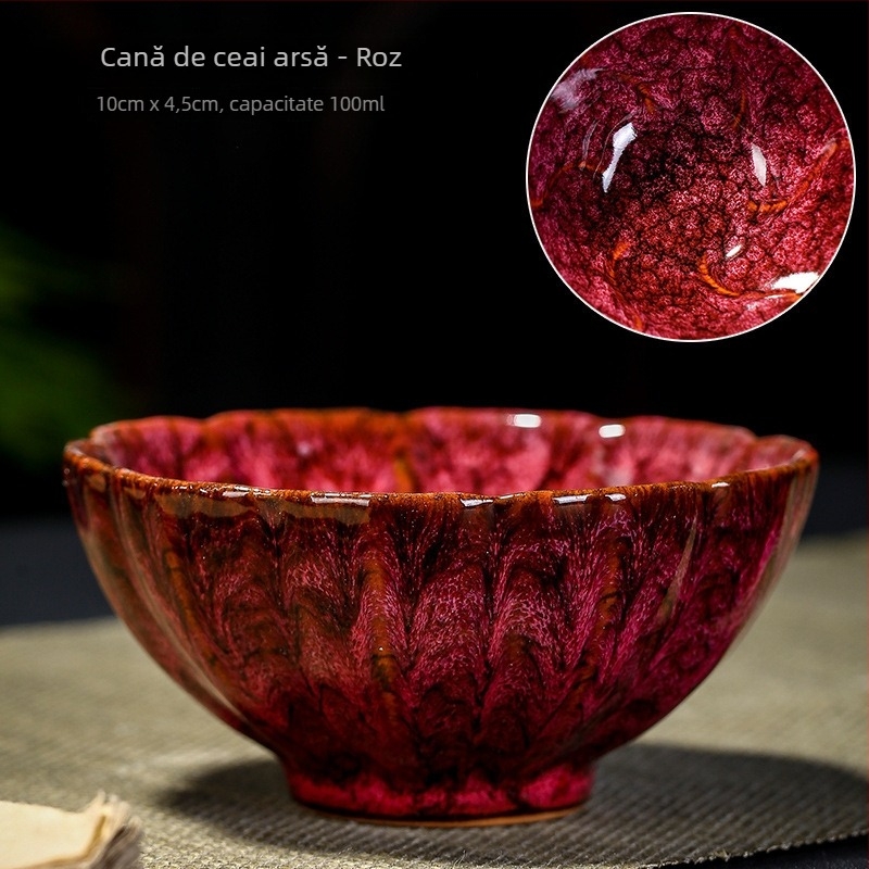 Ceașcă de ceai din ceramică, în stil chinezesc, cu glazură tradițională; porție unică
