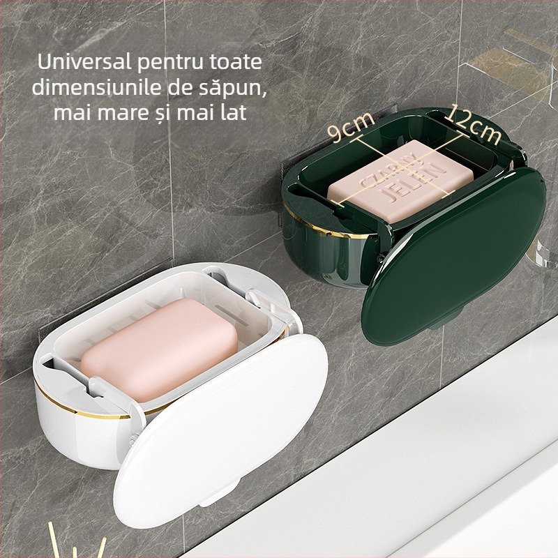 Cutie de săpun montată pe perete, capac rabatabil, drenaj și spațiu de depozitare impermeabil pentru baie