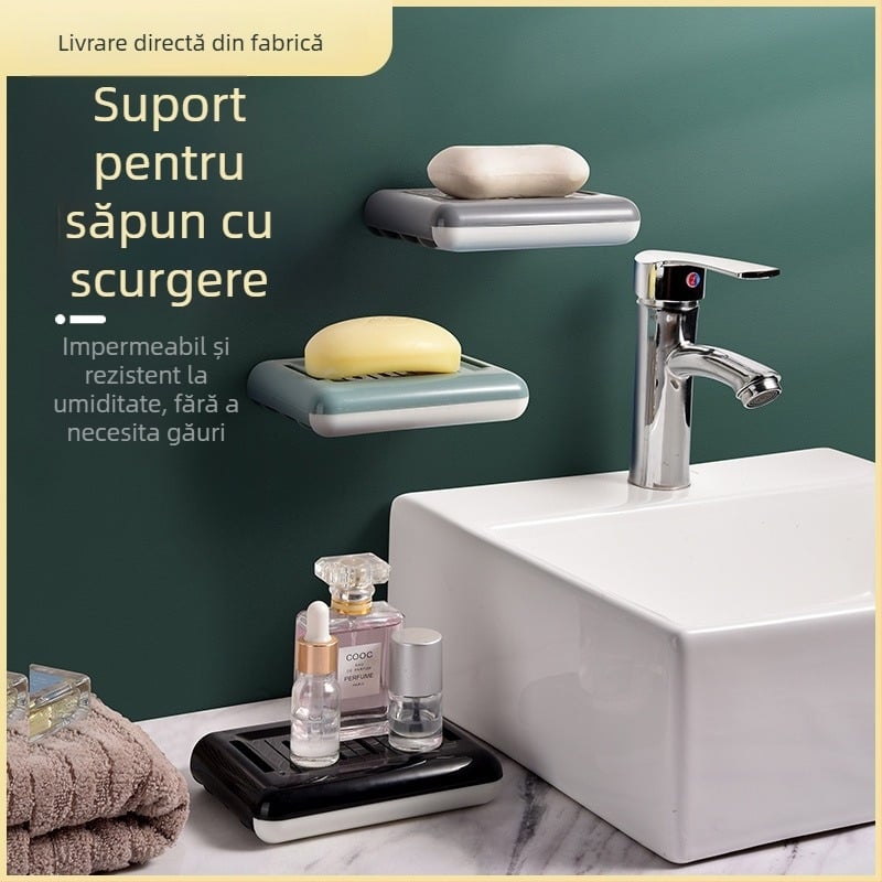 Săpunieră dublă fără găuri, cu grilă de drenaj, montată pe perete pentru baie