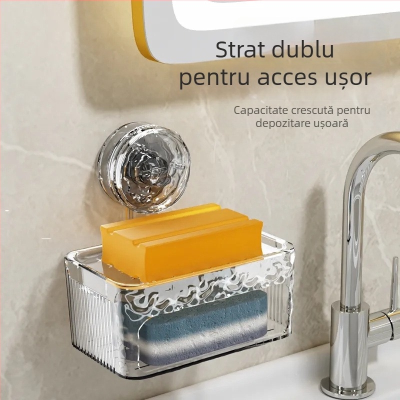 Suport de săpun cu ventuză, montaj pe perete, fără găuri, raft de săpun cu drenaj, două niveluri