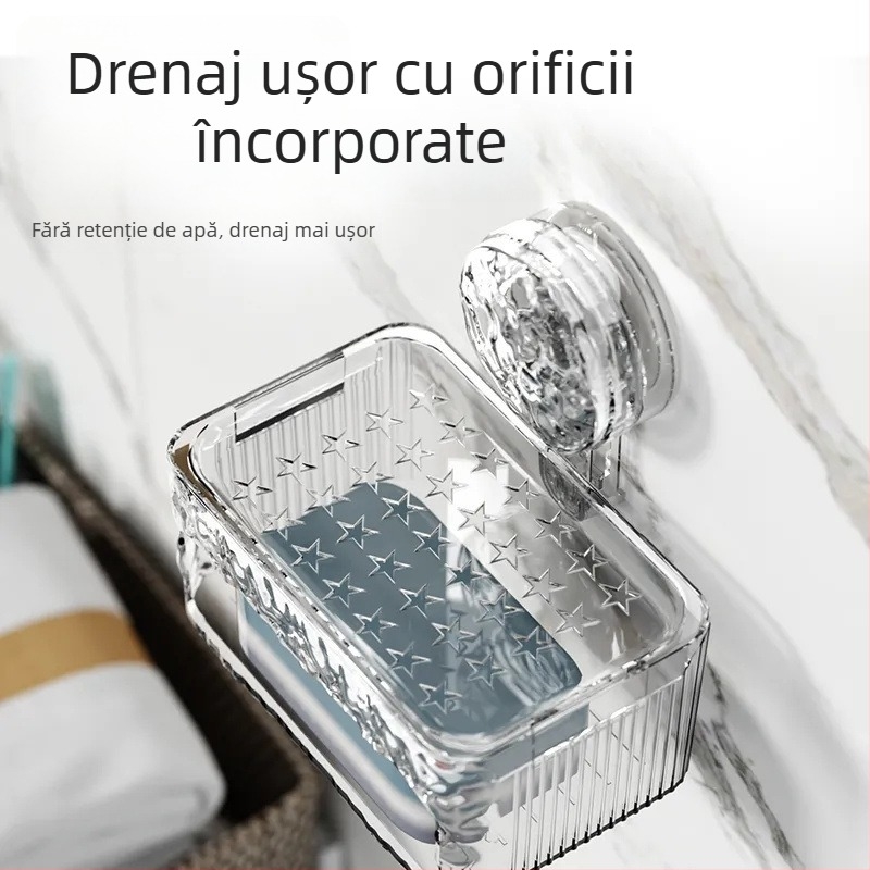 Suport de săpun cu ventuză, montaj pe perete, fără găuri, raft de săpun cu drenaj, două niveluri