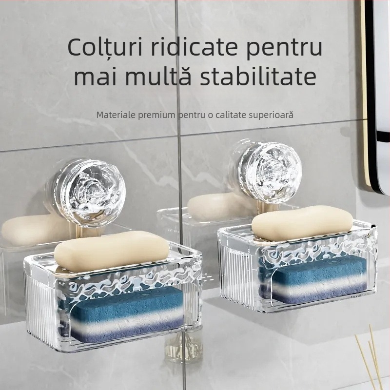Suport de săpun cu ventuză, montaj pe perete, fără găuri, raft de săpun cu drenaj, două niveluri