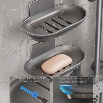 Raft de săpun din aluminiu spațial, cu cutie de colectare a apei, montat pe perete, demontabil și lavabil
