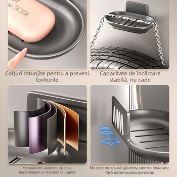 Raft de săpun din aluminiu spațial, cu cutie de colectare a apei, montat pe perete, demontabil și lavabil