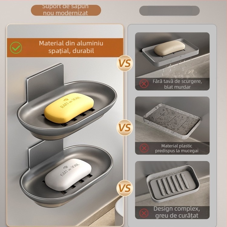 Raft de săpun din aluminiu spațial, cu cutie de colectare a apei, montat pe perete, demontabil și lavabil