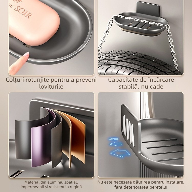 Raft de săpun din aluminiu spațial, cu cutie de colectare a apei, montat pe perete, demontabil și lavabil