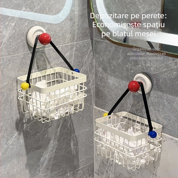 Coș de depozitare montat pe perete cu ventuză pentru prosoape de față, baie