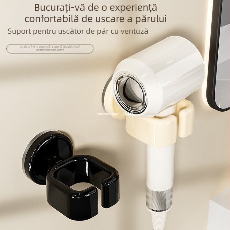 Suport pentru uscător de păr cu ventuză pentru baie — montaj pe perete, fără găuri, raft de depozitare compact